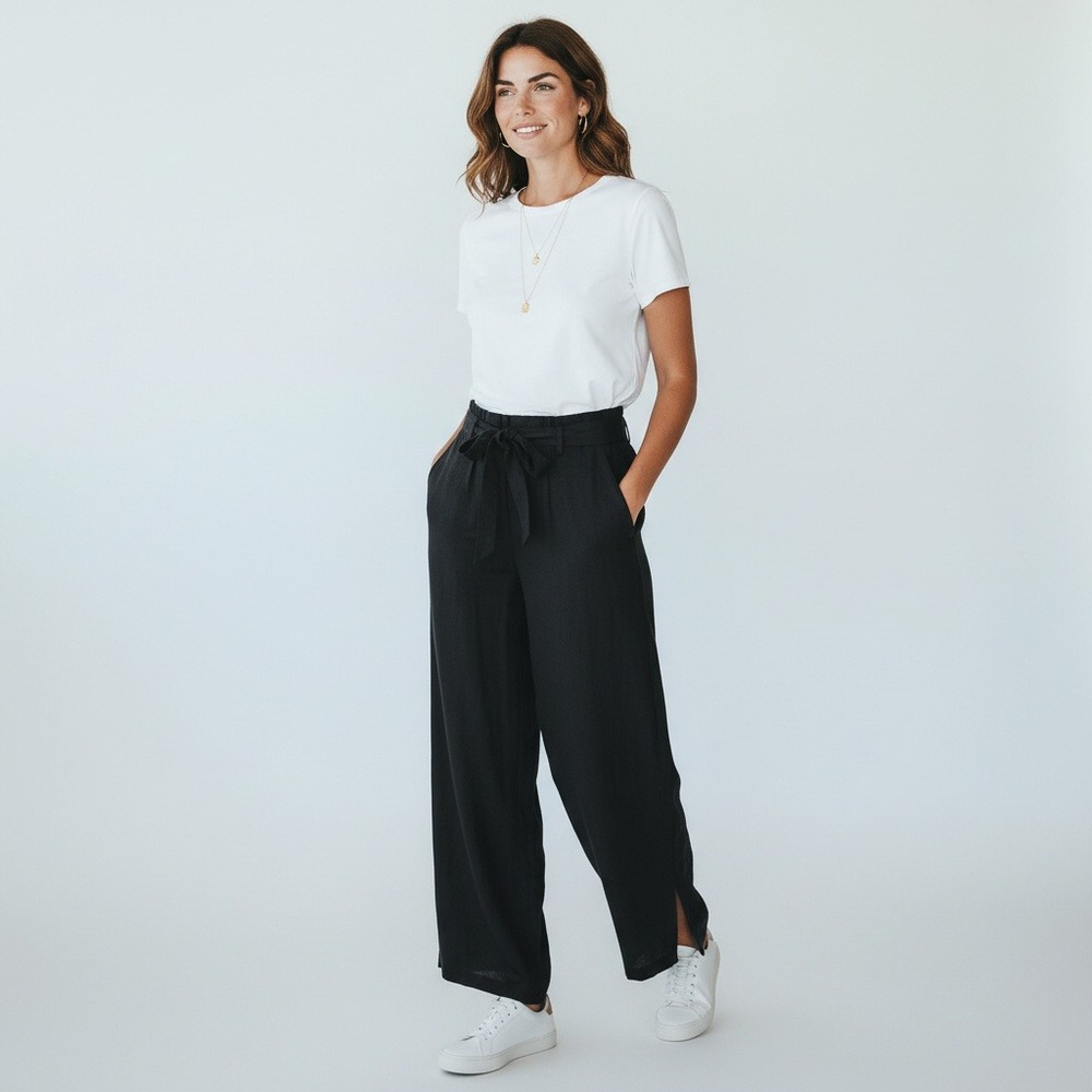 1.STATE Linen Wrap Front Pants Women 10 Black Tie Waist Wide Leg Side Slit